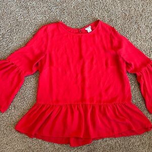 J. Crew Red Peplum Blouse With Bell Sleeves Size Small